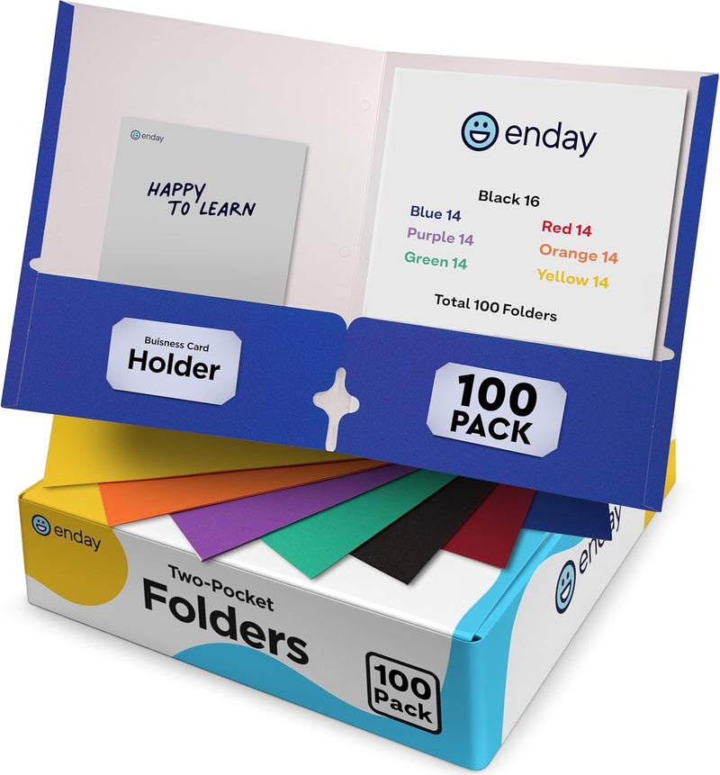 Enday Paper Folders with Pockets (100 Pack) Assorted Colors - Letter Size Two Pocket Folder, Premium Quality Bulk - Purple, Blue, Green, Red, Yellow, Orange & Black, by - Image 1